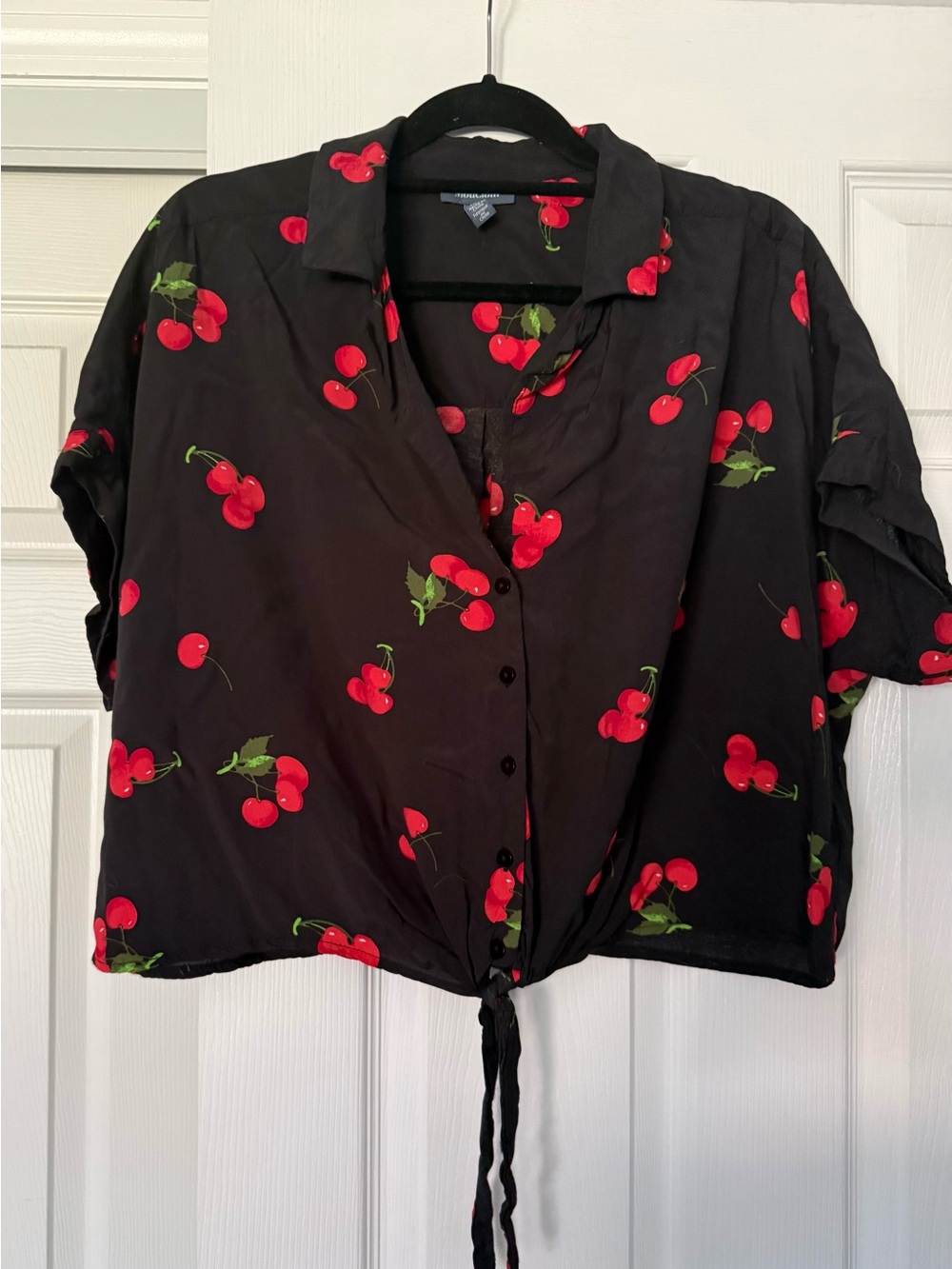 Modcloth Black Button-Down Cherry Print Tie-Front Top